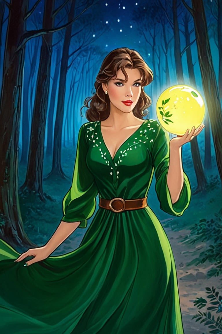 A young girl, her eyes wide open in wonder, wears an emerald green dress that blends in with the surrounding forest. Her brown hair, moved by the wind, frames a delicate and determined face.
A luminous sphere of energy emanates from her open hands. The sphere emits an intense glow, illuminating the scene and casting suggestive shadows on the surrounding trees.
In the background, a nocturnal forest, wrapped in a magical atmosphere. The trees, tall and majestic, stand out against a starry sky. Small fireflies dance among the branches,
The image must convey a sense of wonder, discovery and power. The colors should be bright and saturated, with a predominance of greens, blues and purples. The lights and shadows must create a suggestive contrast, emphasizing the magic of the scene.
A Disney cartoon from the 80s, with clean lines and bright colors. The image must have a soft and dreamy look, with a touch of romance inspired by the style of the cartoon "Robin Hood".