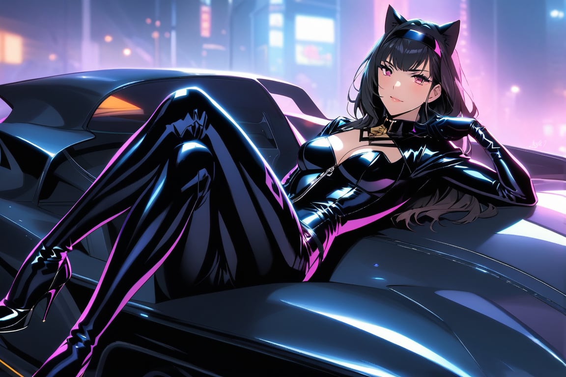 a very sensual Catwoman is lying on the hood of the Batmobile