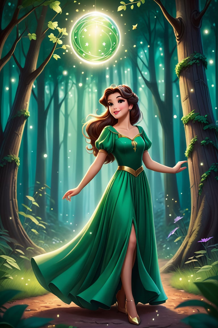 A young girl, her eyes wide open in wonder, wears an emerald green dress that blends in with the surrounding forest. Her brown hair, moved by the wind, frames a delicate and determined face.
A luminous sphere of energy emanates from her open hands. The sphere emits an intense glow, illuminating the scene and casting suggestive shadows on the surrounding trees.
In the background, a nocturnal forest, wrapped in a magical atmosphere. The trees, tall and majestic, stand out against a starry sky. Small fireflies dance among the branches,
The image must convey a sense of wonder, discovery and power. The colors should be bright and saturated, with a predominance of greens, blues and purples. The lights and shadows must create a suggestive contrast, emphasizing the magic of the scene.
A Disney cartoon from the 80s, with clean lines and bright colors. The image must have a soft and dreamy look, with a touch of romance inspired by the style of the cartoon "Robin Hood".