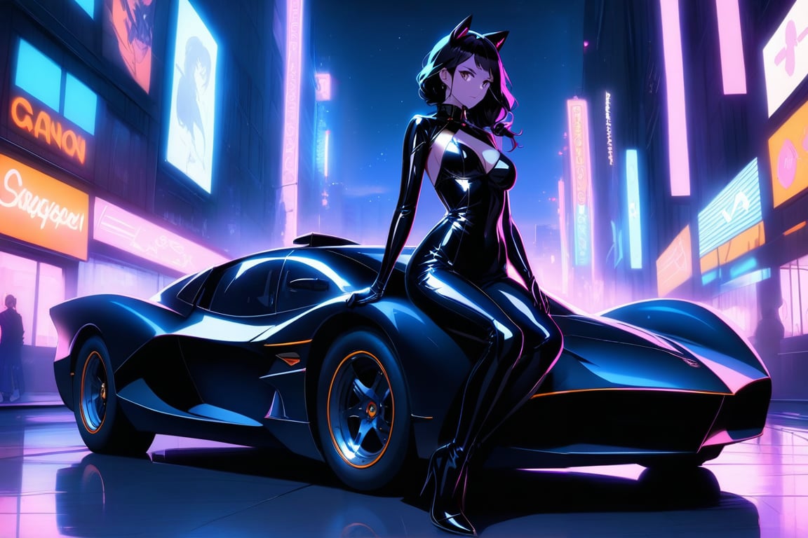 A sultry Catwoman sprawls languidly across the sleek, metallic hood of the Batmobile, her curves and contours showcased against the dark, matte finish. Her eyes gleam with mischief as she gazes up at the night sky, her raven tresses cascading down her back like a waterfall of darkness. The city's neon lights dance in the background, casting a sultry glow on her porcelain skin.