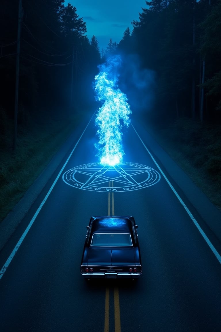 at night in the center of a road that runs straight towards a forest a blue flame emerges from the center of a pentacle painted on the asphalt and stands tall towards the sky Meanwhile a 1967 Chevrolet Impala with two men inside drives away from the scene. In the top of the image in the foreground the writing: 'Supernatural' in white font