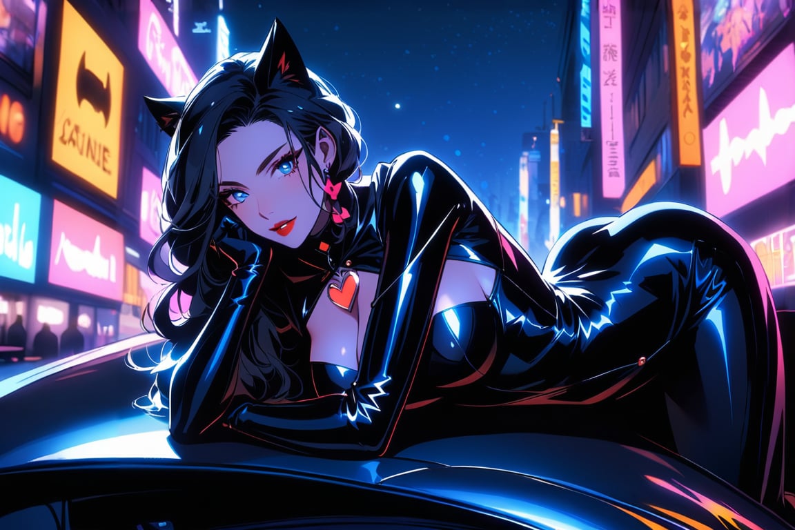 A sultry Catwoman sprawls languidly across the sleek, metallic hood of the Batmobile, her curves and contours showcased against the dark, matte finish. Her eyes gleam with mischief as she gazes up at the night sky, her raven tresses cascading down her back like a waterfall of darkness. The city's neon lights dance in the background, casting a sultry glow on her porcelain skin.