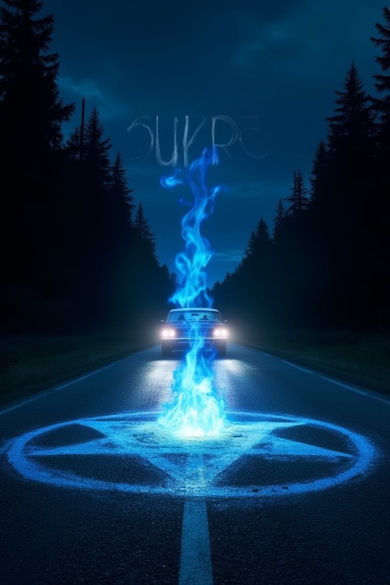 at night in the center of a road that runs straight towards a forest a blue flame emerges from the center of a pentacle painted on the asphalt and stands tall towards the sky Meanwhile a 1967 Chevrolet Impala with two men inside drives away from the scene. An the top of the image in the foreground the writing: 'Supernatural' in white font