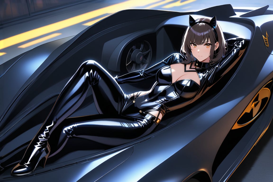 a very sensual Catwoman is lying on the hood of the Batmobile