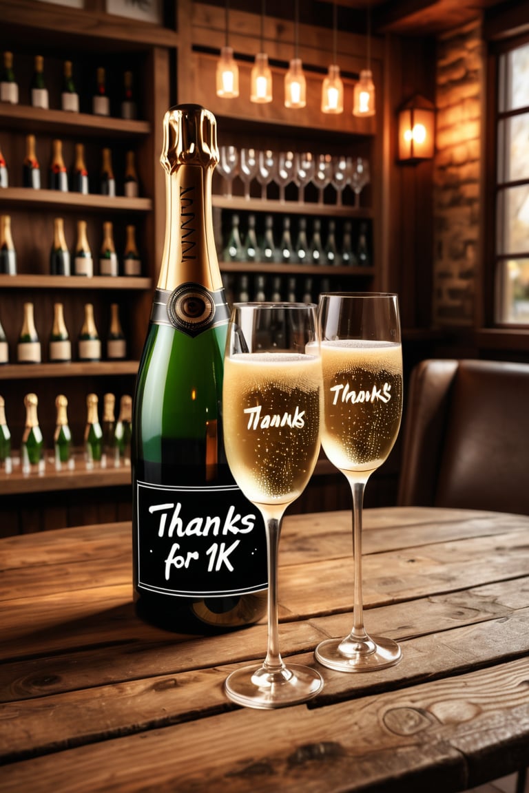 A photorealistic image of a bottle of Champagne with two glass on a wooden table in a cozy bar and the Text ((('Thanks for 1K'))),Text