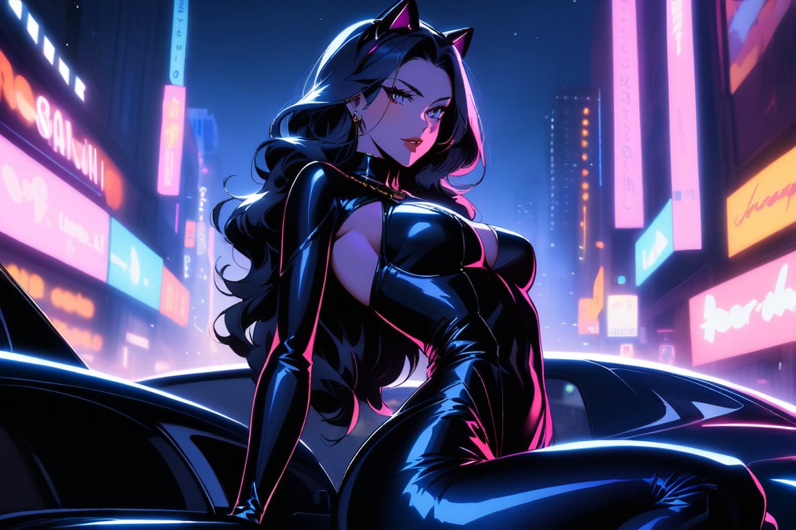 A sultry Catwoman sprawls languidly across the sleek, metallic hood of the Batmobile, her curves and contours showcased against the dark, matte finish. Her eyes gleam with mischief as she gazes up at the night sky, her raven tresses cascading down her back like a waterfall of darkness. The city's neon lights dance in the background, casting a sultry glow on her porcelain skin.