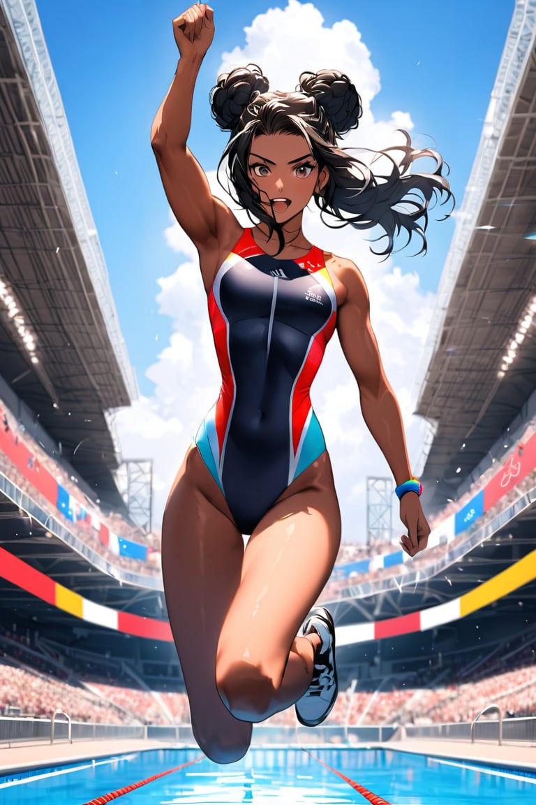 A stunning Olympic athlete soars through the air, her dark locks secured in a neat bun as she performs a flawless dive into the pool's crystal-clear water. Her toned physique is accentuated by the sleek one-piece swimsuit, showcasing her muscles in dynamic tension as she executes the athletic feat. In the background, enthusiastic fans wave the iconic Olympic flag featuring its five interconnected rings, adding a pop of vibrant color to the visually stunning scene.