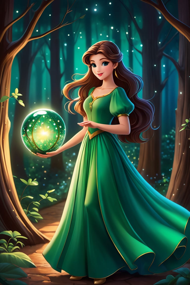 A young girl, her eyes wide open in wonder, wears an emerald green dress that blends in with the surrounding forest. Her brown hair, moved by the wind, frames a delicate and determined face.
A luminous sphere of energy emanates from her open hands. The sphere emits an intense glow, illuminating the scene and casting suggestive shadows on the surrounding trees.
In the background, a nocturnal forest, wrapped in a magical atmosphere. The trees, tall and majestic, stand out against a starry sky. Small fireflies dance among the branches,
The image must convey a sense of wonder, discovery and power. The colors should be bright and saturated, with a predominance of greens, blues and purples. The lights and shadows must create a suggestive contrast, emphasizing the magic of the scene.
A Disney cartoon from the 80s, with clean lines and bright colors. The image must have a soft and dreamy look, with a touch of romance inspired by the style of the cartoon "Robin Hood".