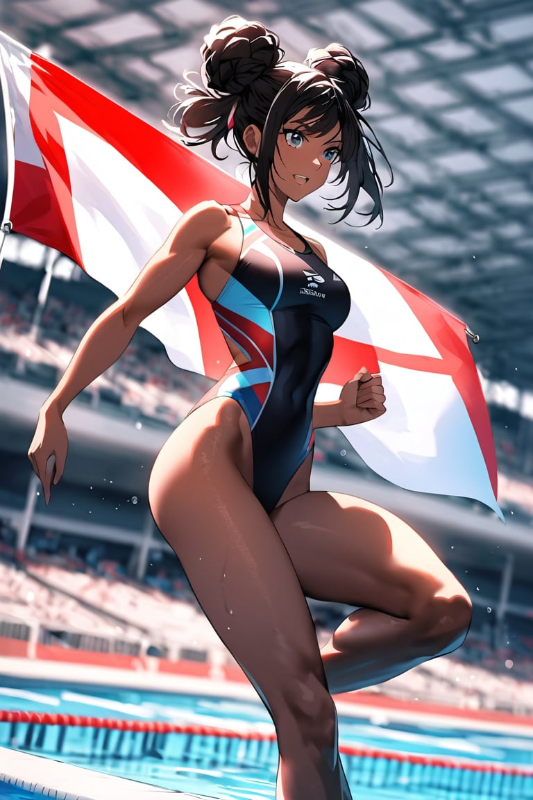 A stunning Olympic athlete soars through the air, her dark locks secured in a neat bun as she performs a flawless dive into the pool's crystal-clear water. Her toned physique is accentuated by the sleek one-piece swimsuit, showcasing her muscles in dynamic tension as she executes the athletic feat. In the background, enthusiastic fans wave the iconic Olympic flag featuring its five interconnected rings, adding a pop of vibrant color to the visually stunning scene.