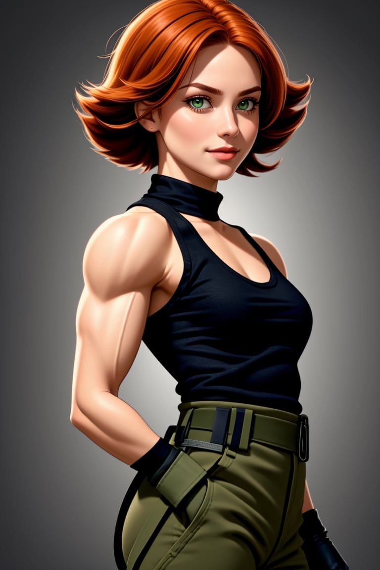 A photo of a beautiful young woman. She wears a black tight tank top, a belt, green pants, fingerless gloves, furrowed brow, smile, (((looking at viewer))), military complex, she has (((muscular body))), tanned skin, medium rounded breast, small rounded ass, skinny thighs. She has a beautiful cute face, long eyelashes, busty lips, big green eyes, small nose, narrow jaw, (((ginger hair))), medium length hair, (masterpiece, best quality, ultra detailed, 8k, intricate details),meryl,black tank top,belt,High detailed ,fingerless gloves,boots,<lora:659111690174031528:1.0>