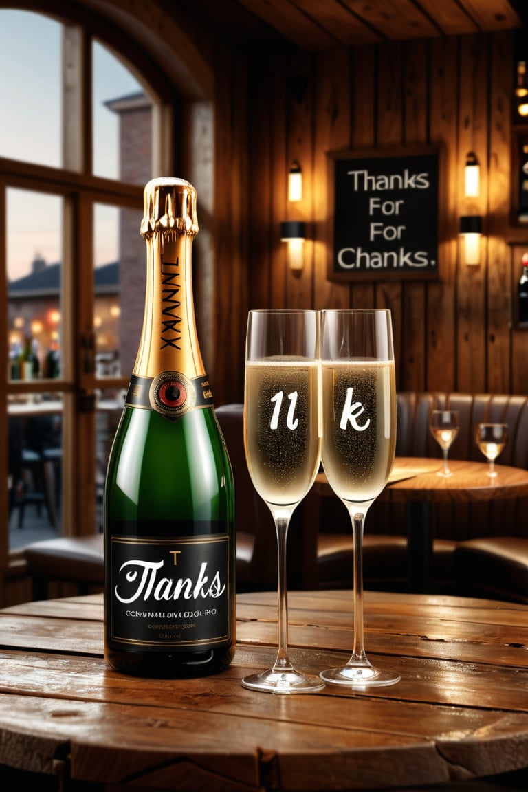 A photorealistic image of a bottle of Champagne with two glass on a wooden table in a cozy bar and the Text ((('Thanks for 1K'))),Text