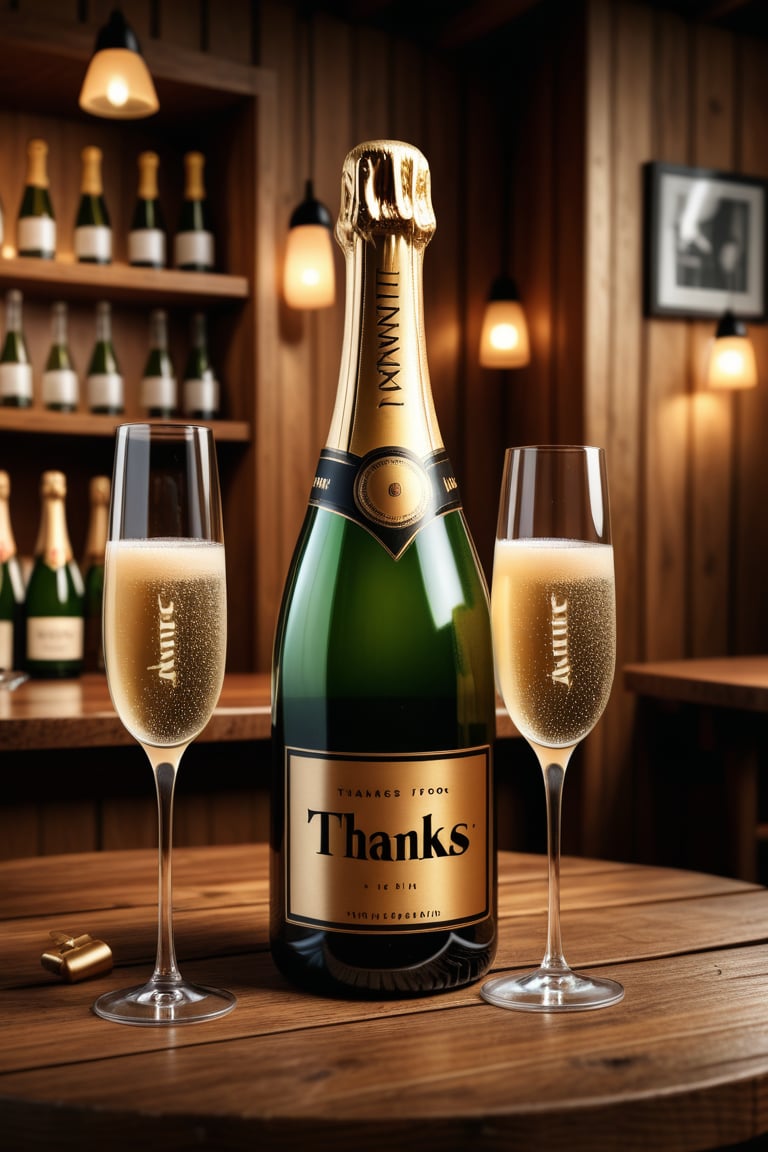 A photorealistic image of a bottle of Champagne with two glass on a wooden table in a cozy bar and the Text 'Thanks for 1K'