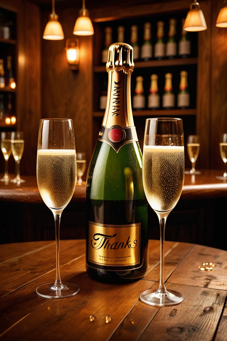 A golden-hued bottle of Champagne sits elegantly between two flutes on a richly grained wooden table, amidst the warm ambiance of a cozy bar. Soft lighting casts a gentle glow, illuminating the delicate curves of the glasses and the subtle condensation droplets on the bottle's surface. The text ((('Thanks for 1K'))) appears in bold, modern script across the top third of the frame, adding a touch of whimsy to the otherwise sophisticated scene.