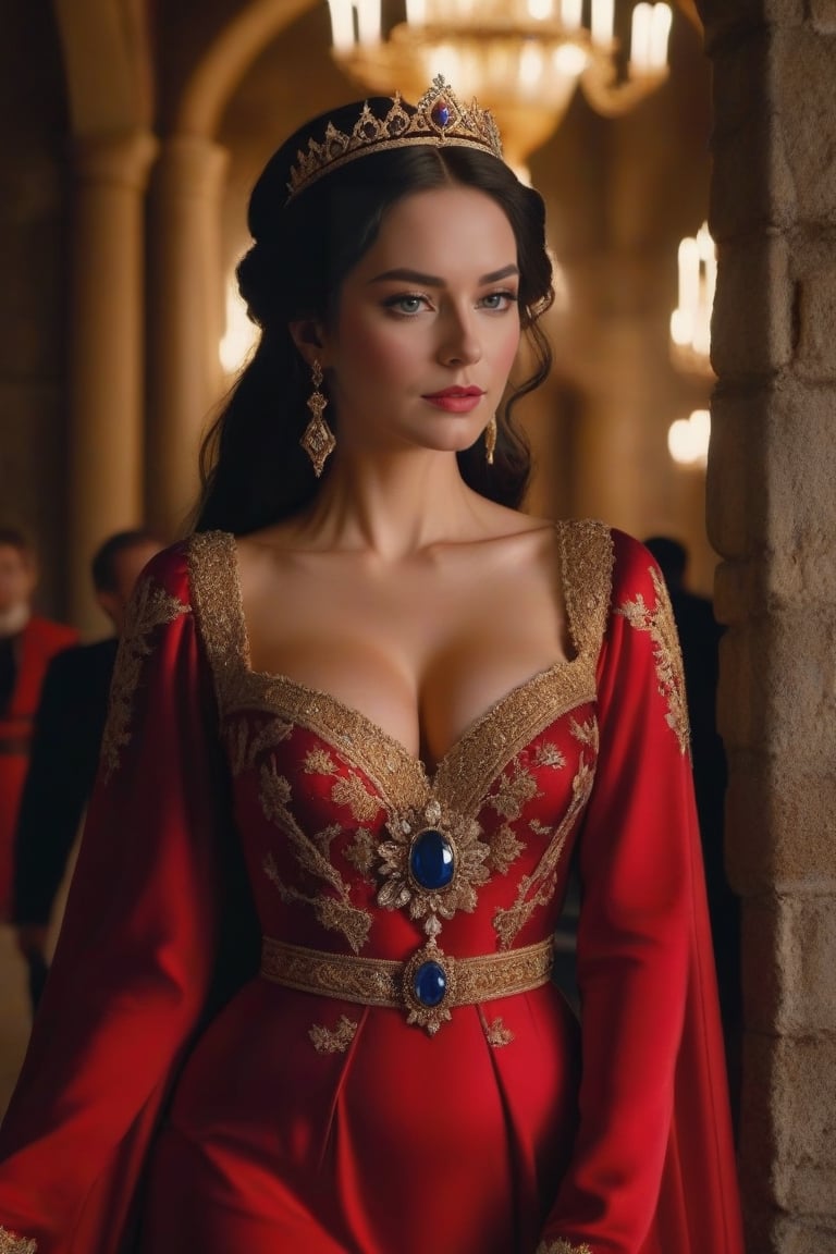 a queen in medieval attire at night along a castle corridor, she wears a long red silk gown with a v-shaped neckline and long puffed sleeves, finely decorated with gold thread embroidery, lace and transparencies, a fitted bodice highlights her buxom bosom and a gold necklace with a sapphire pendant the same color as her eyes. A diamond tiara is placed on the long black hair. Dynamic pose, masterpiece, 8k, uhd, high definition, 