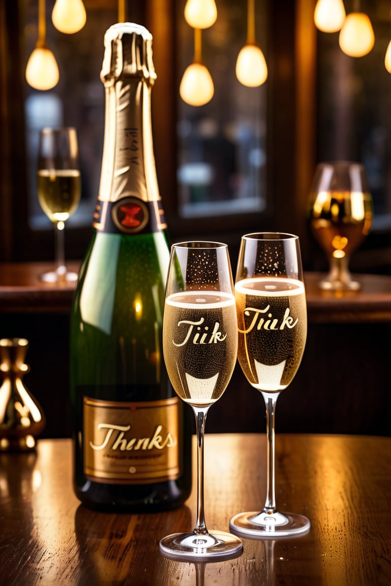 A golden-hued bottle of Champagne sits elegantly between two flutes on a richly grained wooden table, amidst the warm ambiance of a cozy bar. Soft lighting casts a gentle glow, illuminating the delicate curves of the glasses and the subtle condensation droplets on the bottle's surface. The text ((('Thanks for 1K Likes'))) appears in bold, modern script across the top third of the frame, adding a touch of whimsy to the otherwise sophisticated scene.