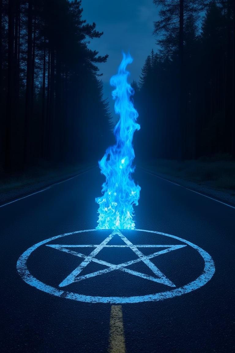 at night in the center of a road that runs straight towards a forest a blue flame emerges from a pentacle painted on the asphalt and stands tall towards the sky