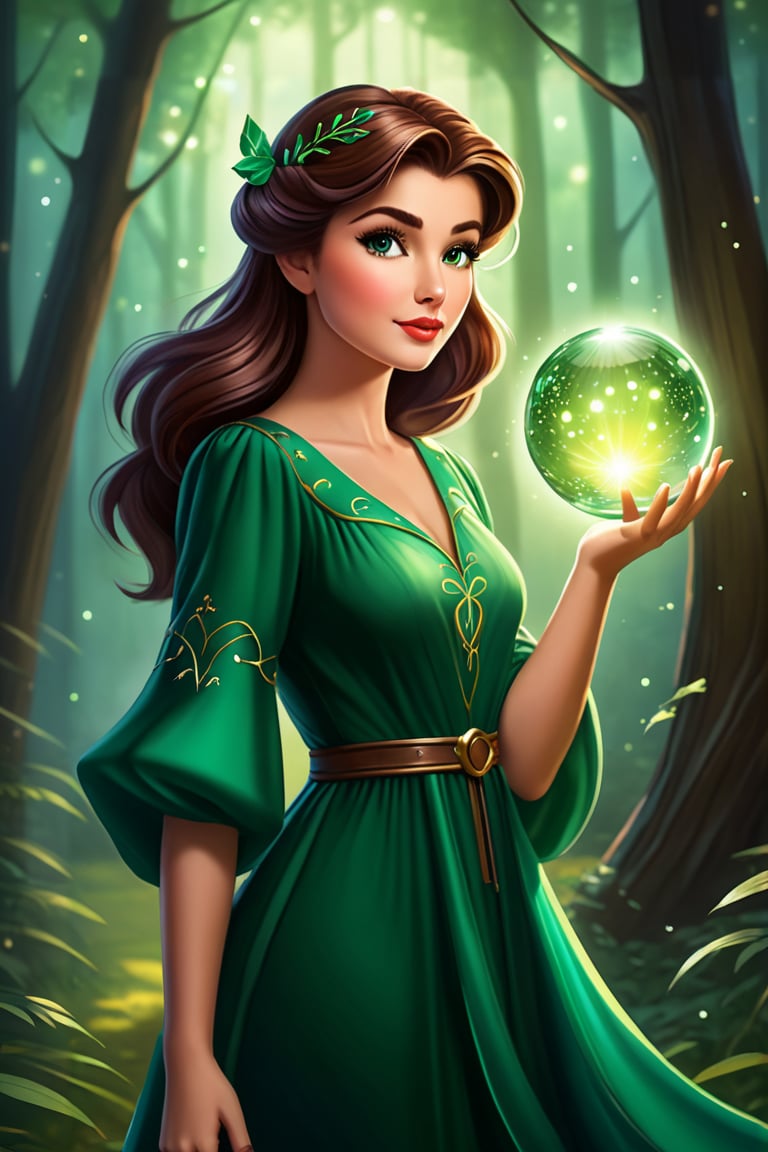 A young girl, her eyes wide open in wonder, wears an emerald green dress that blends in with the surrounding forest. Her brown hair, moved by the wind, frames a delicate and determined face.
A luminous sphere of energy emanates from her open hands. The sphere emits an intense glow, illuminating the scene and casting suggestive shadows on the surrounding trees.
In the background, a nocturnal forest, wrapped in a magical atmosphere. The trees, tall and majestic, stand out against a starry sky. Small fireflies dance among the branches,
The image must convey a sense of wonder, discovery and power. The colors should be bright and saturated, with a predominance of greens, blues and purples. The lights and shadows must create a suggestive contrast, emphasizing the magic of the scene.
A Disney cartoon from the 80s, with clean lines and bright colors. The image must have a soft and dreamy look, with a touch of romance inspired by the style of the cartoon "Robin Hood".