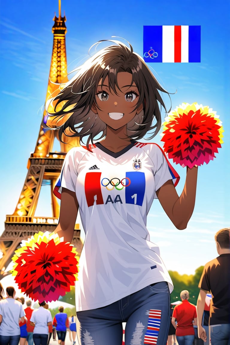 On a splendid sunny day, at the foot of the Eiffell Tower, a beautiful French girl smiles happy to cheer for her national team at the Olympics.  The dark-skinned girl with big black eyes is wearing a white t-shirt with the five Olympic rings and a pair of jeans, in one hand she holds a French flag.