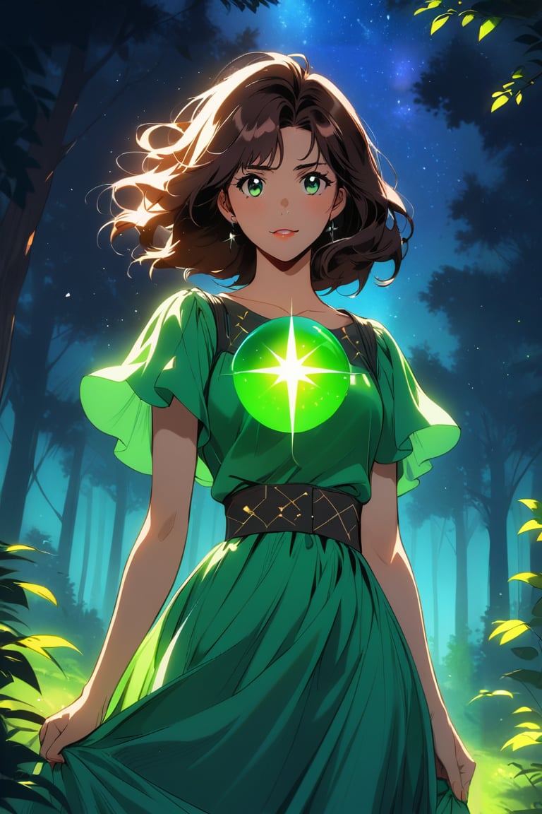 A young girl, her eyes wide open in wonder, wears an emerald green dress that blends in with the surrounding forest. Her brown hair, moved by the wind, frames a delicate and determined face.
A luminous sphere of energy emanates from her open hands. The sphere emits an intense glow, illuminating the scene and casting suggestive shadows on the surrounding trees.
In the background, a nocturnal forest, wrapped in a magical atmosphere. The trees, tall and majestic, stand out against a starry sky. Small fireflies dance among the branches,
The image must convey a sense of wonder, discovery and power. The colors should be bright and saturated, with a predominance of greens, blues and purples. The lights and shadows must create a suggestive contrast, emphasizing the magic of the scene.
A Disney cartoon from the 80s, with clean lines and bright colors. The image must have a soft and dreamy look, with a touch of romance inspired by the style of the cartoon "Robin Hood".