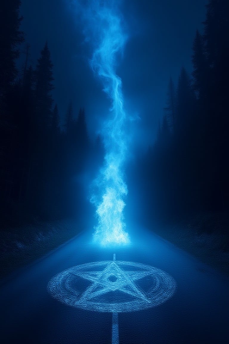 at night in the center of a road that runs straight towards a forest a blue flame emerges from a pentacle painted on the asphalt and stands tall towards the sky