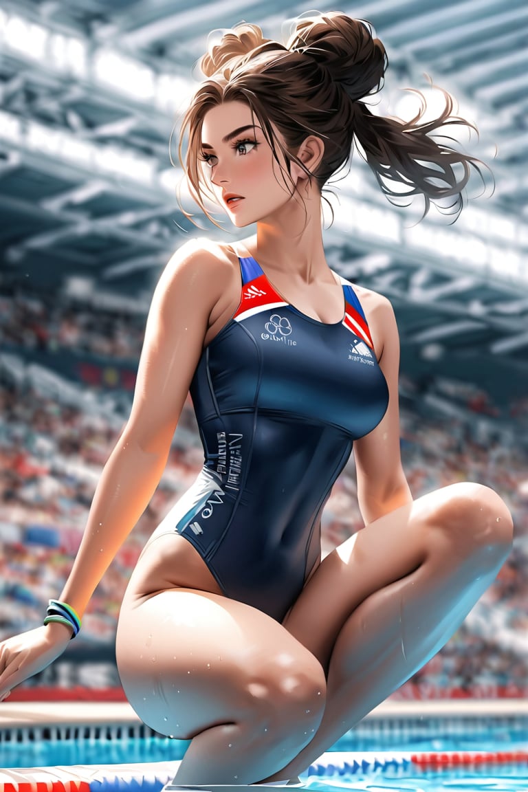 an Olympic athlete performs a perfect dive into a pool, the brunette girl with her hair tied in a bun is wearing a one-piece swimsuit that highlights her muscles in tension for the athletic exercise. Behind her, the fans wave the Olympic flag with the five rings,Extremely Realistic