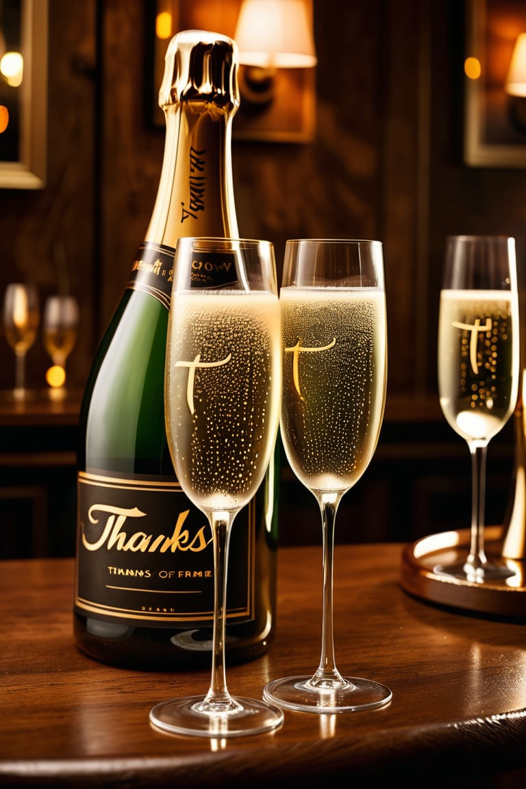 A golden-hued bottle of Champagne sits elegantly between two flutes on a richly grained wooden table, amidst the warm ambiance of a cozy bar. Soft lighting casts a gentle glow, illuminating the delicate curves of the glasses and the subtle condensation droplets on the bottle's surface. The text ((('Thanks for 1K'))) appears in bold, modern script across the top third of the frame, adding a touch of whimsy to the otherwise sophisticated scene.