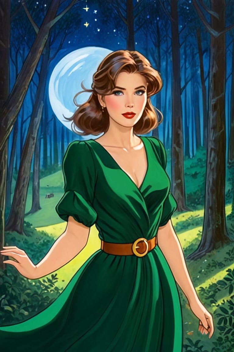 A young girl, her eyes wide open in wonder, wears an emerald green dress that blends in with the surrounding forest. Her brown hair, moved by the wind, frames a delicate and determined face.
A luminous sphere of energy emanates from her open hands. The sphere emits an intense glow, illuminating the scene and casting suggestive shadows on the surrounding trees.
In the background, a nocturnal forest, wrapped in a magical atmosphere. The trees, tall and majestic, stand out against a starry sky. Small fireflies dance among the branches,
The image must convey a sense of wonder, discovery and power. The colors should be bright and saturated, with a predominance of greens, blues and purples. The lights and shadows must create a suggestive contrast, emphasizing the magic of the scene.
A Disney cartoon from the 80s, with clean lines and bright colors. The image must have a soft and dreamy look, with a touch of romance inspired by the style of the cartoon "Robin Hood".