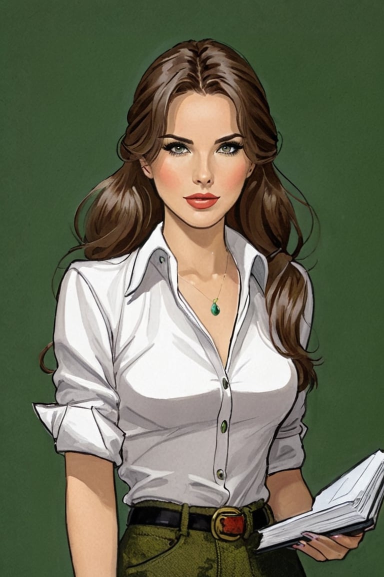 A bold, anime-inspired portrait of a 25-year-old Italian journalist. Her long brown hair flows down her back, often tied in a ponytail that enhances her features. Her (((green_eyes))), intense and penetrating, seem to penetrate the viewer soul. She's wearing bell-bottoms in a vibrant shade, paired with a clean white shirt with rolled up sleeves and a deep neckline. In one hand she clutches a worn notebook, while in the other she holds a trusty ballpoint pen.,Gibrat