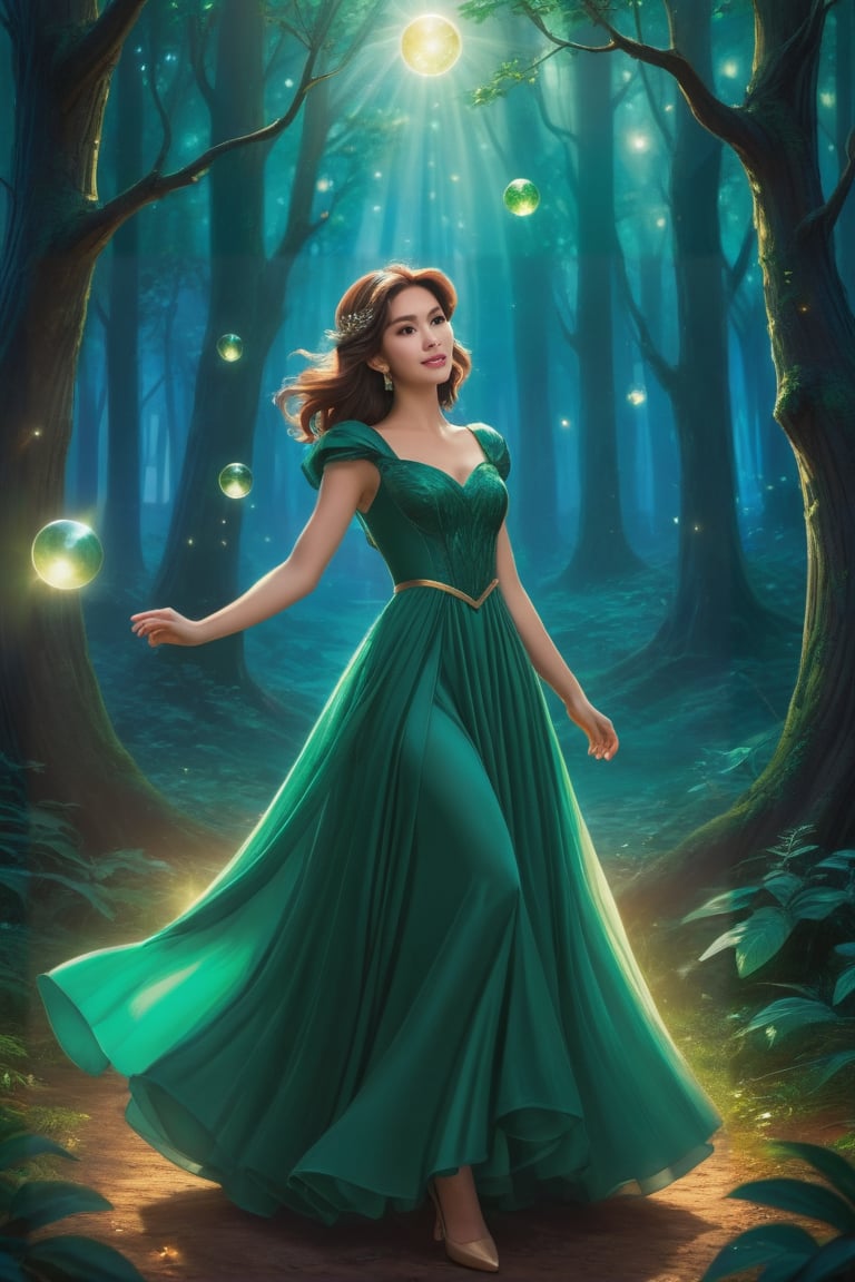 A young girl, her eyes wide open in wonder, wears an emerald green dress that blends in with the surrounding forest. Her brown hair, moved by the wind, frames a delicate and determined face.
A luminous sphere of energy emanates from her open hands. The sphere emits an intense glow, illuminating the scene and casting suggestive shadows on the surrounding trees.
In the background, a nocturnal forest, wrapped in a magical atmosphere. The trees, tall and majestic, stand out against a starry sky. Small fireflies dance among the branches,
The image must convey a sense of wonder, discovery and power. The colors should be bright and saturated, with a predominance of greens, blues and purples. The lights and shadows must create a suggestive contrast, emphasizing the magic of the scene.
A Disney cartoon from the 80s, with clean lines and bright colors. The image must have a soft and dreamy look, with a touch of romance inspired by the style of the cartoon "Robin Hood".