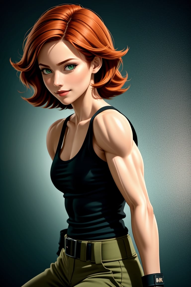 A photo of a beautiful young woman. She wears a black tight tank top, a belt, green pants, fingerless gloves, furrowed brow, smile, (((looking at viewer))), military complex, she has (((muscular body))), tanned skin, medium rounded breast, small rounded ass, skinny thighs. She has a beautiful cute face, long eyelashes, busty lips, big green eyes, small nose, narrow jaw, (((ginger hair))), medium length hair, (masterpiece, best quality, ultra detailed, 8k, intricate details),meryl,black tank top,belt,High detailed ,fingerless gloves,boots,<lora:659111690174031528:1.0>