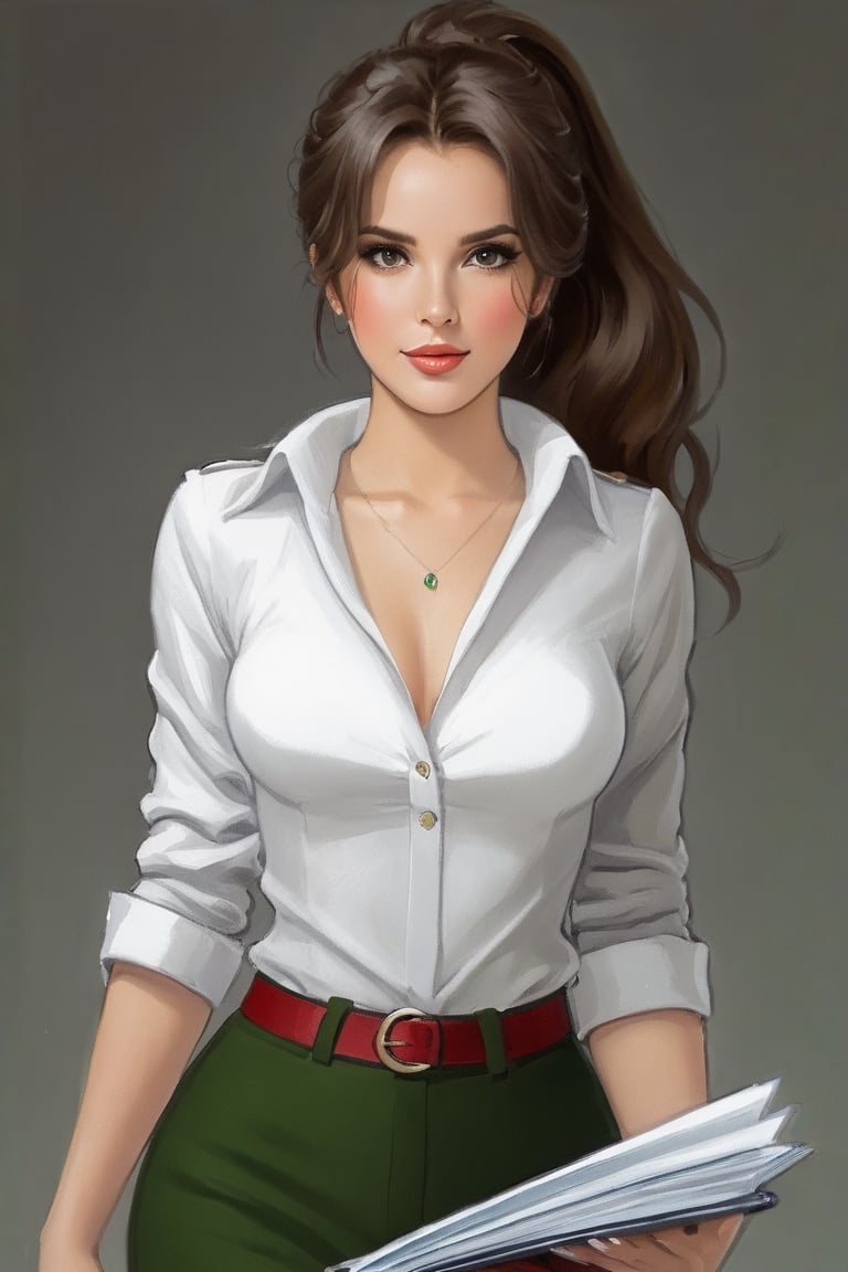 A bold, anime-inspired portrait of a 25-year-old Italian journalist. Her long brown hair flows down her back, often tied in a (((ponytail))) that enhances her features. Her (((green_eyes))), intense and penetrating, seem to penetrate the viewer soul. She's wearing bell-bottoms in a vibrant shade, paired with a clean white shirt with rolled up sleeves and a deep neckline. In one hand she clutches a worn notebook, while in the other she holds a trusty ballpoint pen.,Gibrat