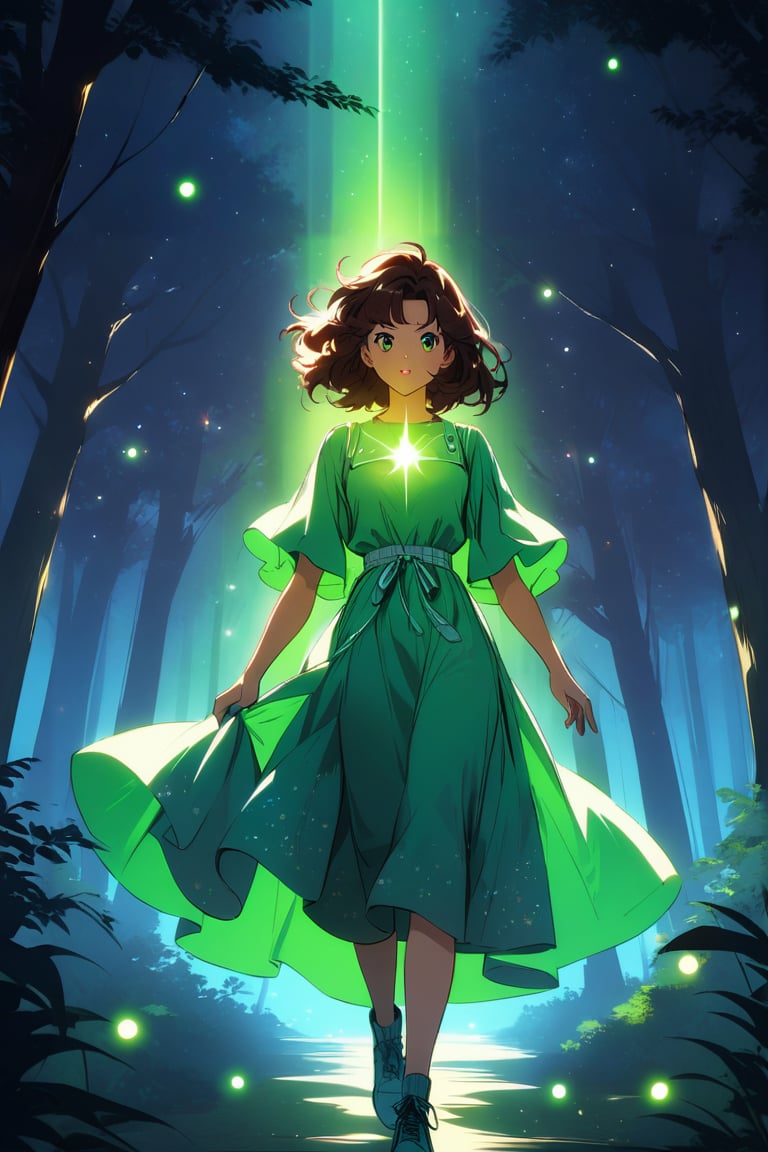 A young girl, her eyes wide open in wonder, wears an emerald green dress that blends in with the surrounding forest. Her brown hair, moved by the wind, frames a delicate and determined face.
A luminous sphere of energy emanates from her open hands. The sphere emits an intense glow, illuminating the scene and casting suggestive shadows on the surrounding trees.
In the background, a nocturnal forest, wrapped in a magical atmosphere. The trees, tall and majestic, stand out against a starry sky. Small fireflies dance among the branches,
The image must convey a sense of wonder, discovery and power. The colors should be bright and saturated, with a predominance of greens, blues and purples. The lights and shadows must create a suggestive contrast, emphasizing the magic of the scene.
A Disney cartoon from the 80s, with clean lines and bright colors. The image must have a soft and dreamy look, with a touch of romance inspired by the style of the cartoon "Robin Hood".