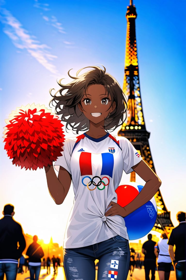 On a splendid sunny day, at the foot of the Eiffell Tower, a beautiful French girl smiles happy to cheer for her national team at the Olympics.  The dark-skinned girl with big black eyes is wearing a white t-shirt with the five Olympic rings and a pair of jeans, in one hand she holds a French flag.