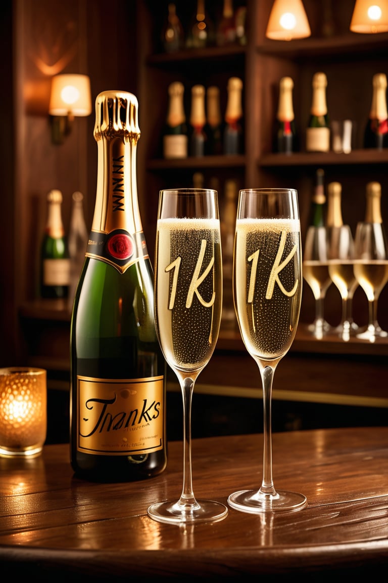 A golden-hued bottle of Champagne sits elegantly between two flutes on a richly grained wooden table, amidst the warm ambiance of a cozy bar. Soft lighting casts a gentle glow, illuminating the delicate curves of the glasses and the subtle condensation droplets on the bottle's surface. The text ((('Thanks for 1K'))) appears in bold, modern script across the top third of the frame, adding a touch of whimsy to the otherwise sophisticated scene.