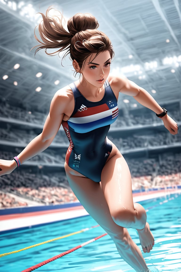 an Olympic athlete performs a perfect dive into a pool, the brunette girl with her hair tied in a bun is wearing a one-piece swimsuit that highlights her muscles in tension for the athletic exercise. Behind her, the fans wave the Olympic flag with the five rings,Extremely Realistic