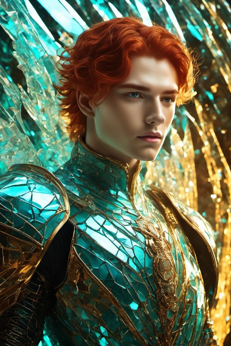 ((Red-haired)) 18 years old man, ruby eyes, sculpted physique, impeccably chiseled facial features, (crystal a see-through cyan battle armor:1.4), poised against an unobtrusive background, natural light bathing the scene, ultra fine, golden hour illumination, sharp focus on the contour of the figure, cinematic, short hair, glasstech, standing still, glasstech,Glass Elements,shards,glass, ((using a mask)), Cybermask