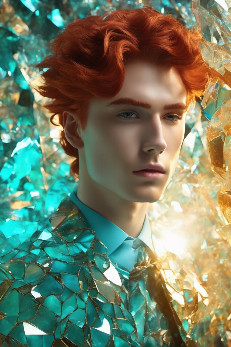 ((Red-haired)) 18 years old man, ruby eyes, sculpted physique, impeccably chiseled facial features, (crystal a see-through cyan tailored suit:1.4), poised against an unobtrusive background, natural light bathing the scene, ultra fine, golden hour illumination, sharp focus on the contour of the figure, cinematic, short hair, glasstech, standing still, glasstech,Glass Elements,shards,glass, masked,brocken glass