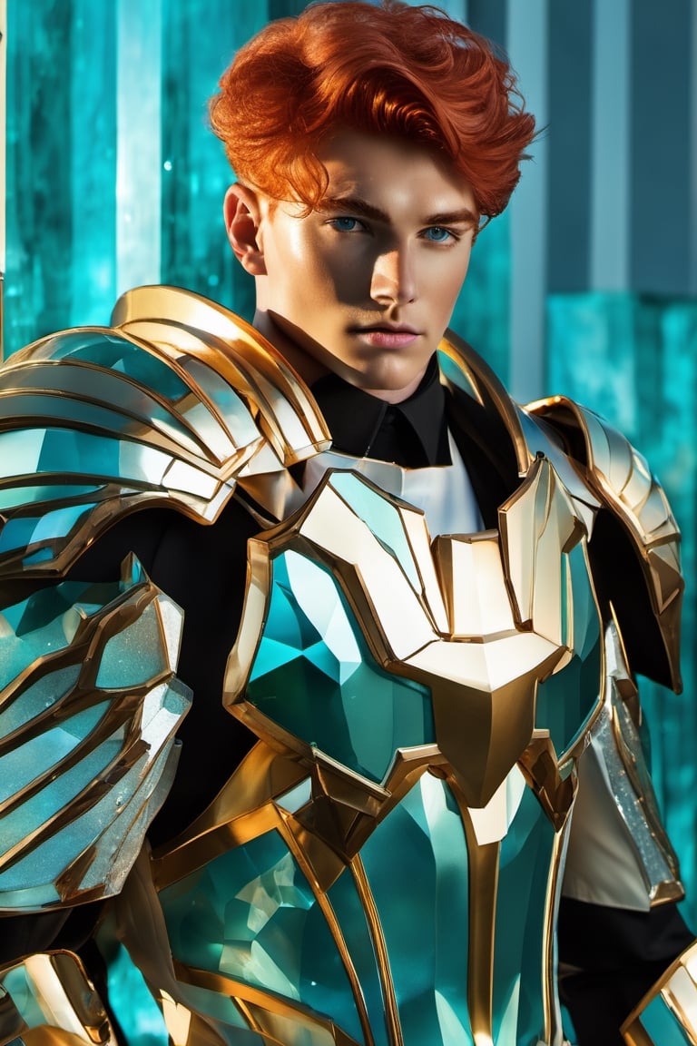 ((Red-haired)) 18 years old man, ruby eyes, sculpted physique, impeccably chiseled facial features, (crystal a see-through cyan battle armor:1.4), poised against an unobtrusive background, natural light bathing the scene, ultra fine, golden hour illumination, sharp focus on the contour of the figure, cinematic, short hair, glasstech, standing still, glasstech,Glass Elements,shards