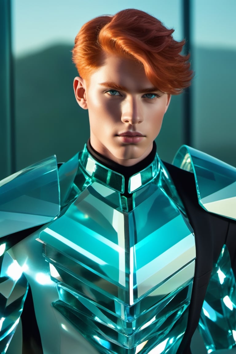 ((Red-haired)) 18 years old man, ruby eyes, sculpted physique, impeccably chiseled facial features, (crystal a see-through cyan battle armor:1.4), poised against an unobtrusive background, natural light bathing the scene, ultra fine, golden hour illumination, sharp focus on the contour of the figure, cinematic, short hair, glasstech, standing still, glasstech,Glass Elements