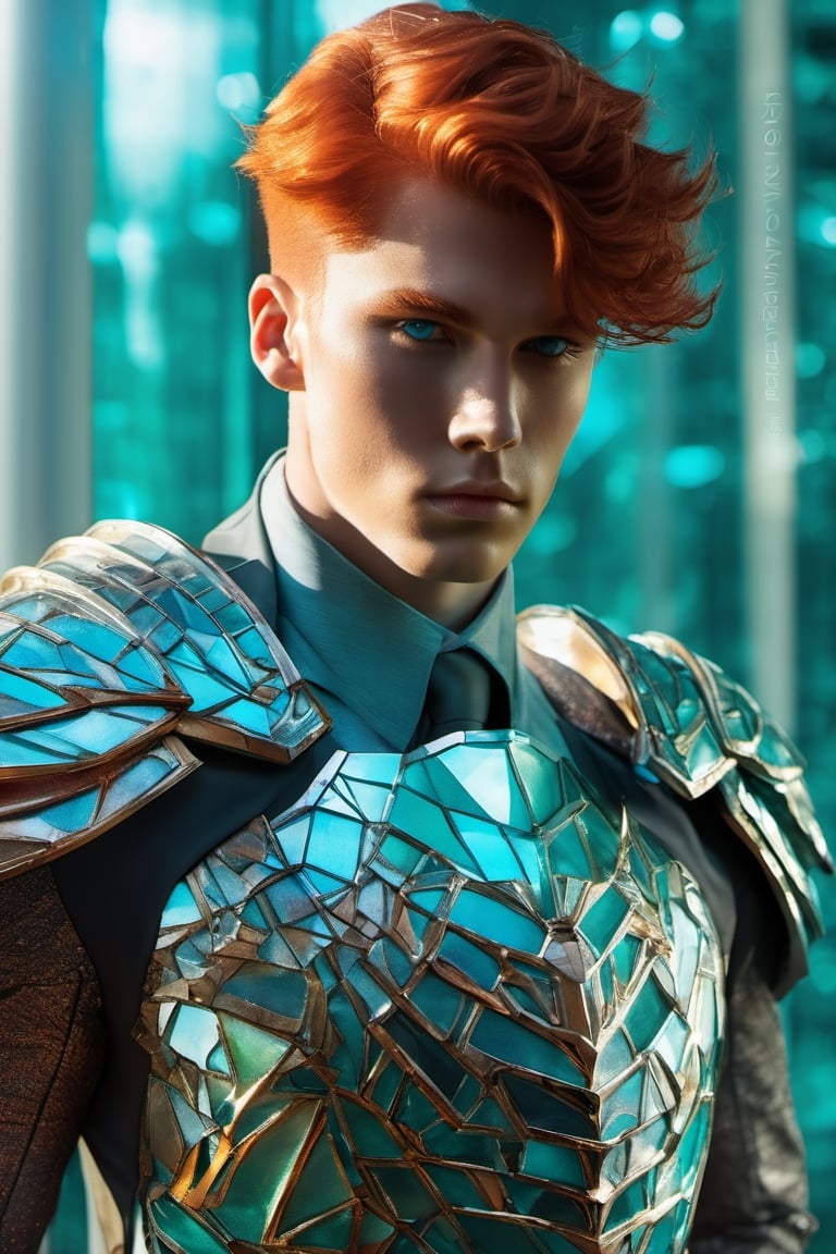 ((Red-haired)) 18 years old man, ruby eyes, sculpted physique, impeccably chiseled facial features, (crystal a see-through cyan battle armor:1.4), poised against an unobtrusive background, natural light bathing the scene, ultra fine, golden hour illumination, sharp focus on the contour of the figure, cinematic, short hair, glasstech, standing still, glasstech,Glass Elements,shards