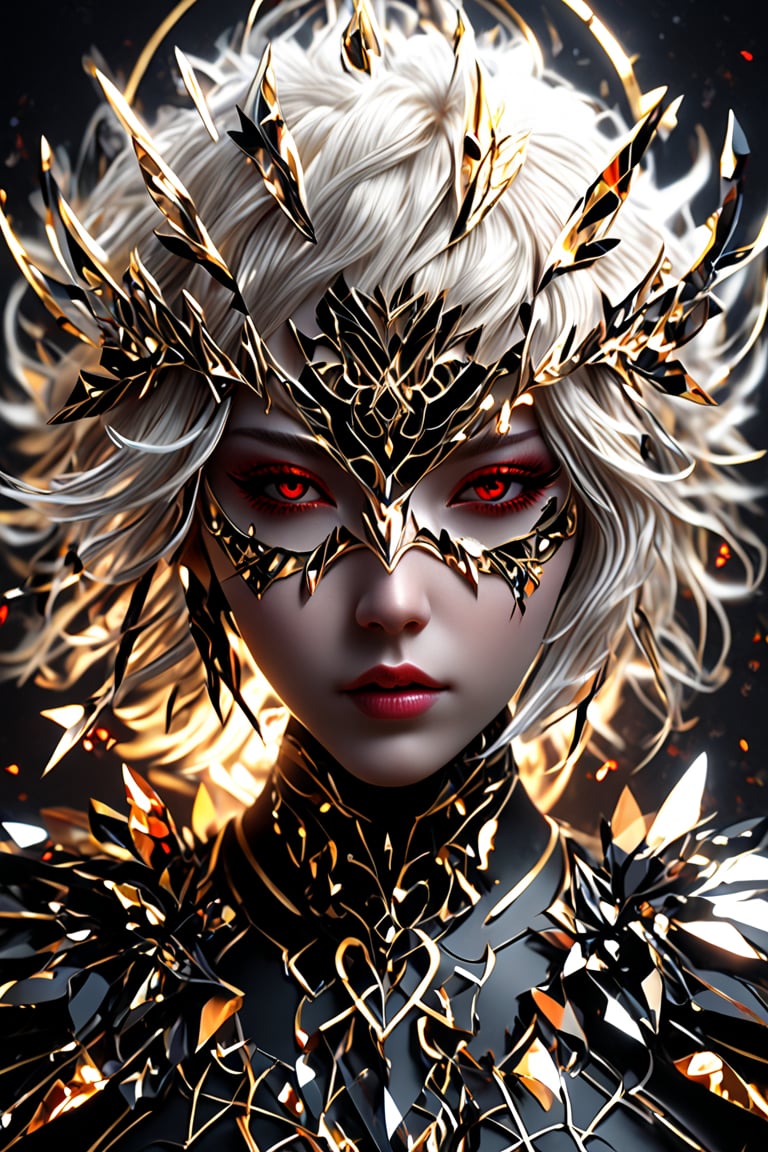 1girl, (crystal mask), broken glass bodysuit, Utra, white skin, red eyes, thin delicate lips, white hair, masterpiece, digital art, award winner, beautiful, intense, bright colors, octane, 3d render, realistic, shards,Gold Edged Black Rose,DonMM1y4XL