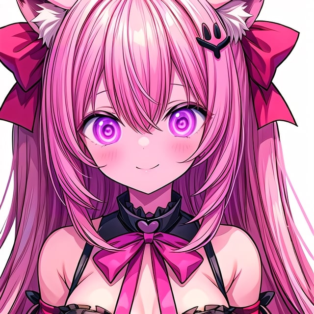 1girl,solo,pink hair,long hair,@ @,smile,looking at viewer,breasts,blush,upper body,bow,bare shoulders,hair between eyes,ribbon,bangs,animal ears,pink eyes,closed mouth,medium breasts,hair ornament,frills,collar,detached sleeves,bowtie,red ribbon,hair ribbon, ,NeonHypnoPMV,Digital Earwig