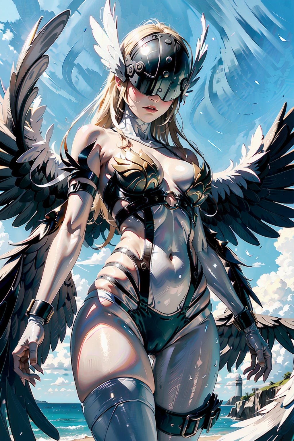 masterpiece, best quality, (detailed face, detailed skin texture), (cinematic light: 1.1), angewomon, 1girl, solo, long hair, blonde hair, navel, cleavage, underwear, bare shoulders, feathered wings, o-ring, elbow gloves, belt, white gloves, thigh strap, winged helmet, head wings, white wings, asymmetrical clothes, covered eyes, multiple wings, digimon (creature),better_hand, perfect hands,sky background,coast, mecha