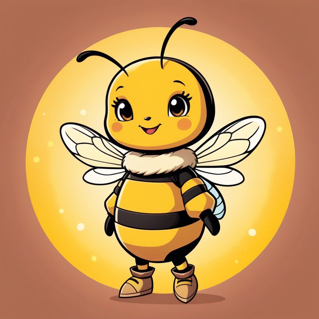 A cute yellow honeybee character with background in kachina doll art style
