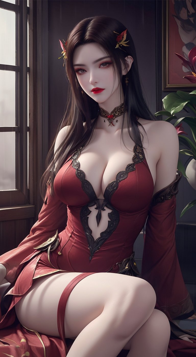 dress, ((knee shot)), fashi-girl, red lips, mature female, makeup, photorealestic、real photograph、((realisticlying:1.5))、There are red butterfly orchids around the hair,Lilac dendrobium、red lilies、1 girl in、Brown hair、floated hair、Hazy beauty、A plump chest, Nice, cleavage, slender leg, Seductive legs, posing elegantly, Have extremely beautiful facial features、Hairpin on the head、perfect hand、(springtime、raining day、butterflys、precipice)、 vectorial art、Chinese contemporary art、Soft lighting、looking-down