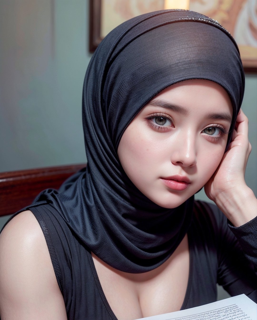1girl, solo, beautiful face, high detailed realistic eyes, double eyelids, high detailed realistic pupils, (upon body from head to waist:1.36), (wearing hijab:1.37), (moslem headscarf:1.37), reading glasses, sitting alone on a long chair, amazing mosque park background, taj mahal, best quality, masterpiece, highres, black and white moslem female dress, Beautiful face, (upon body from head to waist:1.35), tyndall effect, photorealistic, dark studio, two tone lighting, 8k uhd, dslr, soft lighting, high quality, volumetric lighting, candid, Photograph, high resolution, 4k, 8k, Bokeh, (hyperrealistic girl), (illustration), (high resolution), (extremely detailed), (best illustration), (beautiful detailed eyes), (best quality), (ultra-detailed), (masterpiece), (wallpaper), (photorealistic), (natural light), (rim lighting), (detailed face), (high detailed realistic skin face texture), (anatomically correct), (heterochromic eyes), (detailed eyes), (sparkling eyes), (dynamic pose), (hair completely covered by the hijab:1.35), looking to viewer,hijab,1GIRL