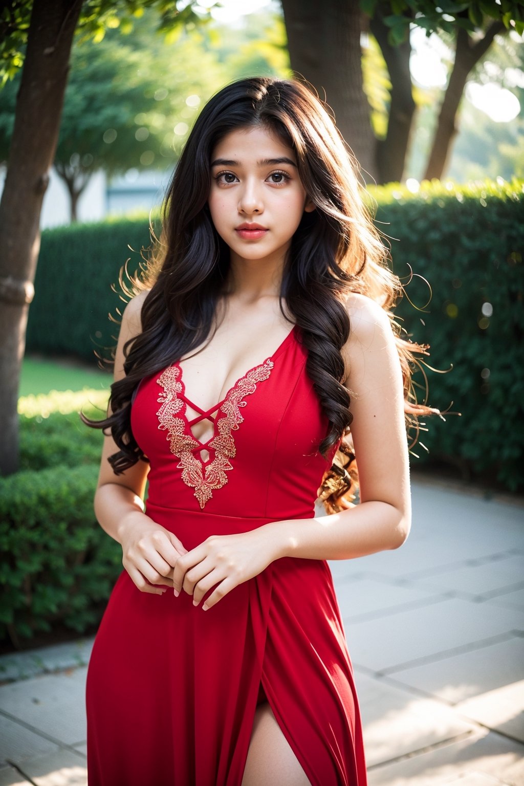 13 years old girl named Jasmeen, long curly hair, sexy thigh, Red long dress, small tits, smooth thigh, fair skin, bokeh,