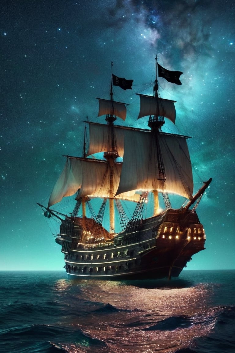 space-themed Pirate ship sailing into a bioluminescence sea with a galaxy in the sky), epic, 4k, ultra . cosmic, celestial, stars, galaxies, nebulas, planets, science fiction, highly detailed, RAW candid cinema, 16mm, color graded portra 400 film, remarkable color, ultra realistic, textured skin, remarkable detailed pupils, realistic dull skin noise, visible skin detail, skin fuzz, dry skin, shot with cinematic camera