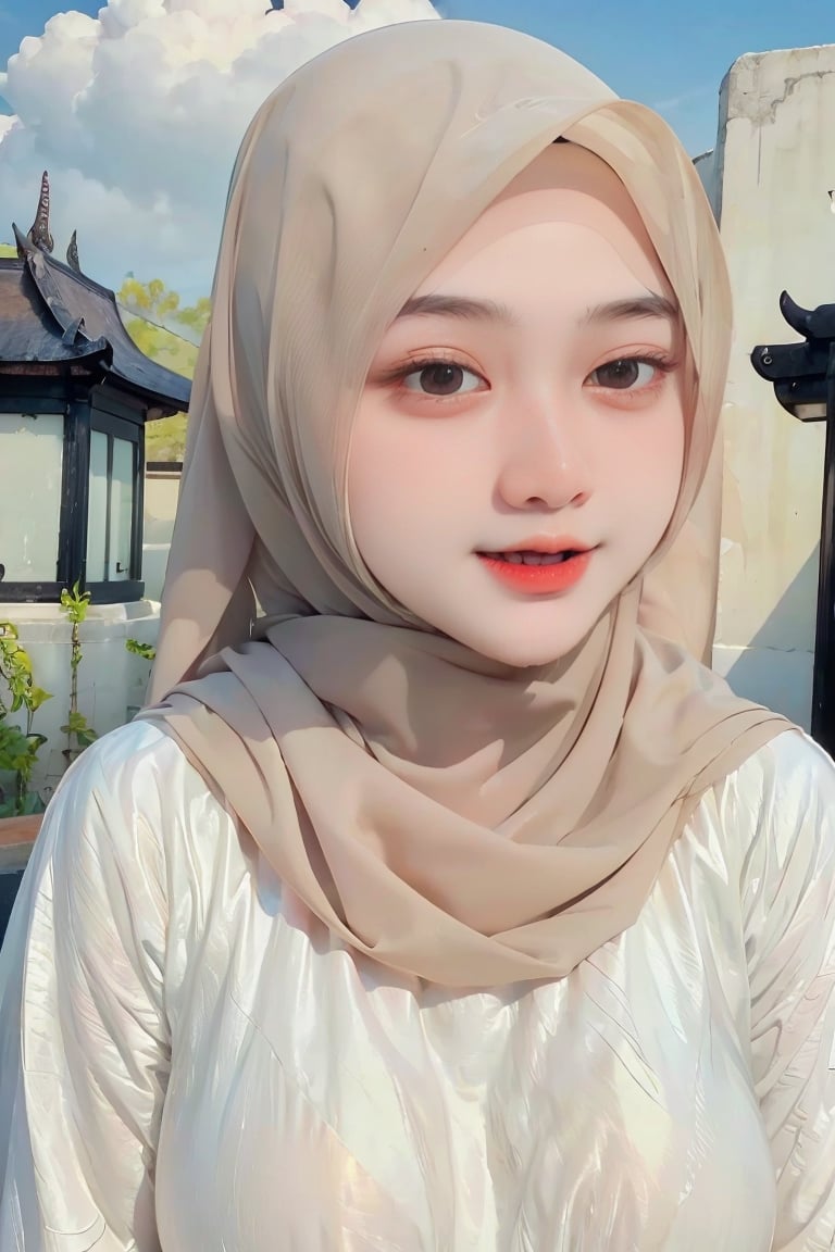 (realistic:1.3), finely detailed, quality, rembrandt lighting, (masterpiece:1.2), (photorealistic:1.2), (best quality), (detailed skin:1.3), (intricate details), dramatic, ray tracing, 1girl, 21 years old, detailed skin texture, (blush:0.5), (goosebumps:0.5), subsurface scattering, smiling, (collosal tits)),((veil hijab)), turtleneck, transparent sweater dress, ribbed sweater, cowboy shot, (cloudy weather day, outdoors, bali, temple, white stones), (( temple)),index_finger_raised, front view,portrait,Beautiful Asian girls ,hijab,hij4b