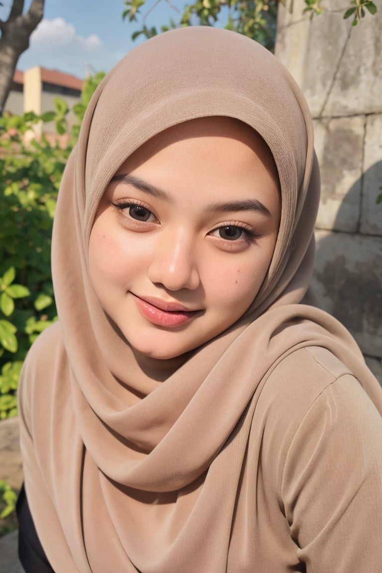 masterpiece, best quality, highres, hijab, (((full body, oval body shape))), beautiful round face, warm smile, Soft brown eyes, curly eyelashes, expression full of warmth and kindness, 32k, 8k, high_resolution,graveline,perfect light, ,indonesia